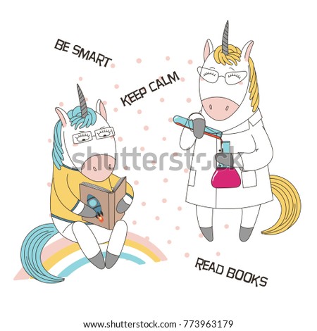 Hand drawn vector illustration of a cute funny cartoon unicorns in glasses, reading a book, in a lab coat, with chemical reagents, text. Isolated objects. Design concept for children, geek culture.