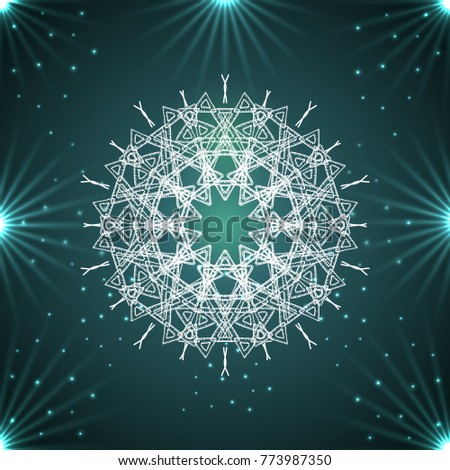 Round white mandala snowflakes. Vector illustration on a turquoise background