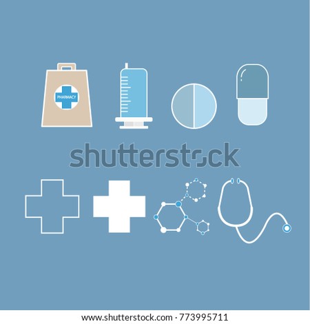 Cute blue medical , pharmaceutical icon set