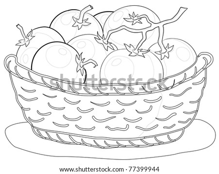 wattled basket with tomatoes, monochrome contours on white