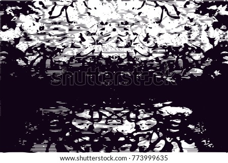 Print distressed background in black and white texture with  dark spots, scratches and lines. Abstract vector illustration