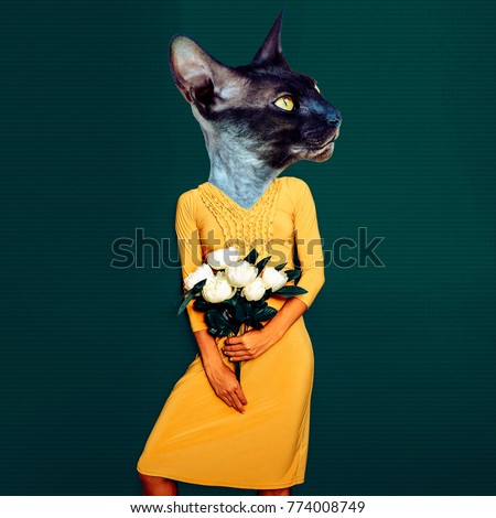 Contemporary art collage. Fun art. Stylish  Lady Cat in vintage dress