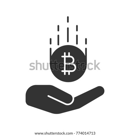 Open hand with bitcoin glyph icon. Cryptocurrency. Silhouette symbol. Saving money. Negative space. Raster isolated illustration