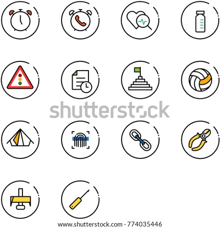 line vector icon set - alarm clock vector, phone, heart diagnosis, vial, traffic light road sign, history, pyramid flag, volleyball, tent, fingerprint scanner, link, side cutters, milling cutter