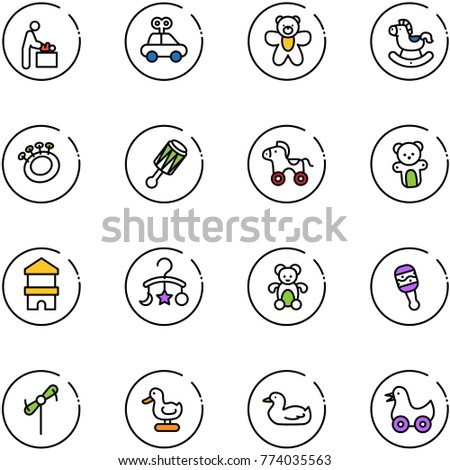 line vector icon set - baby room vector, car toy, bear, rocking horse, beanbag, wheel, block house, carousel, windmill, duck