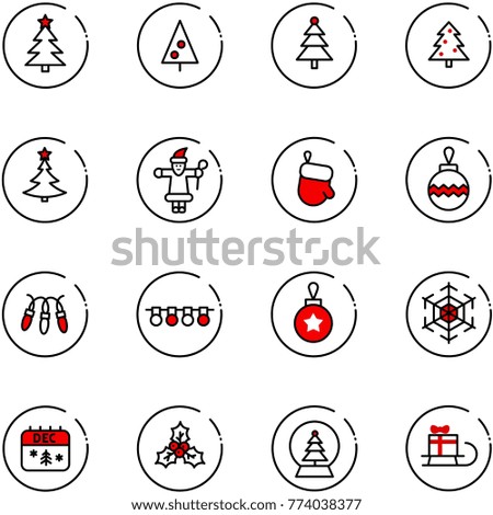 line vector icon set - christmas tree vector, santa claus, glove, ball, garland, snowflake, calendar, holly, snowball, sleigh gift