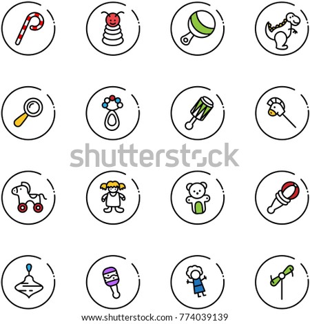 line vector icon set - lollipop vector, pyramid toy, beanbag, dinosaur, horse stick, wheel, doll, bear, wirligig, windmill