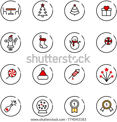 line vector icon set - cafe vector, christmas tree, gift, santa claus, sock, snowman, lollipop, hat, firework rocket, champagne, snowball, gold medal
