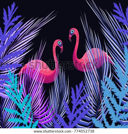 Colored pattern with flamingos and tropical leaves, vector illustration