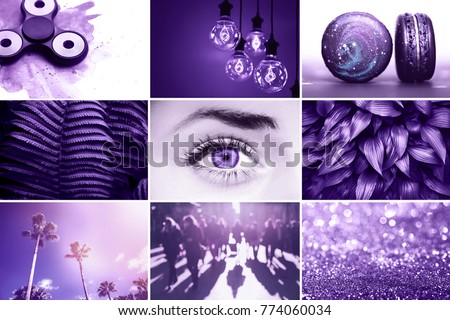 Collage inspired by color of the year 2018 - Ultra Violet. Royalty-Free Stock Photo #774060034