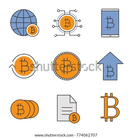 Bitcoin color icons set. Cryptocurrency. Global bitcoin, rising, exchange, document, coins, smartphone. Isolated raster illustrations