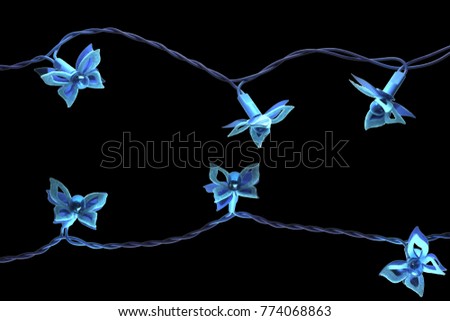 new year christmas blue batterfly garland isolated on black background. 2 fragment of 6 lights.