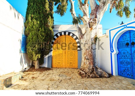 Traditional blue doors with ornaments  in Sidi Bou Said, Tunisia. Royalty-Free Stock Photo #774069994
