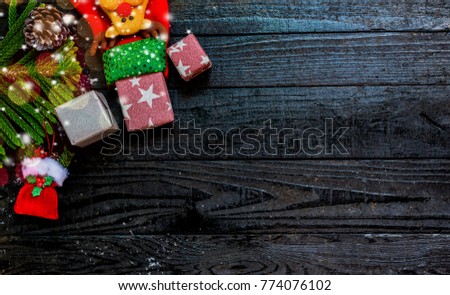 Merry Christmas and Happy New Year, winter season. Flat lay with copy space for text on wood background