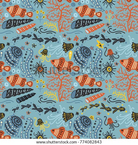  Vector handdrawn sea seamless pattern with various marine animals. Ornate summer illustration with clownfishes and shells.