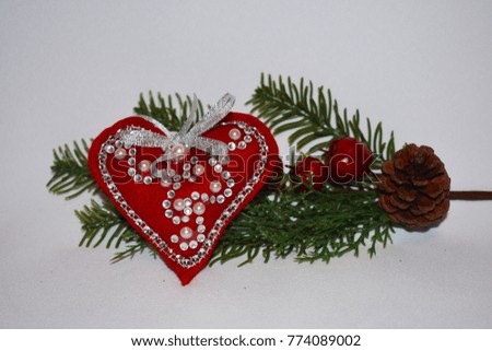 Handmade red heart. Christmas tree decoration.