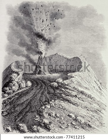 Antique illustration of the crater of Vesuvius erupting. Original, from drawing of Cochot, was published on L'Illustration, Journal Universel, Paris, 1868