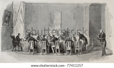 Antique illustration of Parliamentary Commission working in a meeting hall in Palais Bourbon, Paris. Created by Pauquet, was published on L'Illustration, Journal Universel, Paris, 1868