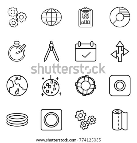Thin line icon set : gear, globe, report, circle diagram, stopwatch, drawing compasses, terms, route, earth, disco ball, lifebuoy, ring button, inflatable pool, gears, paper towel