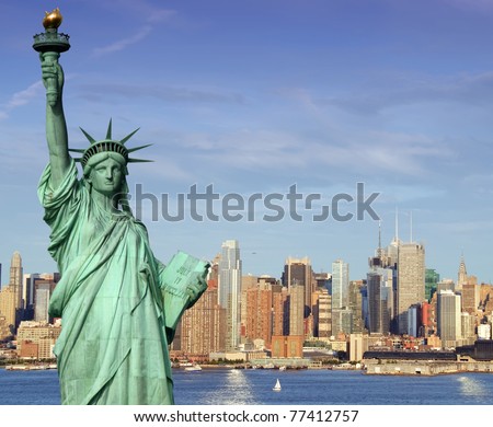 photo new york midtown skyline over hudson river. new york skyline statue of liberty over new york Manhattan landmark.