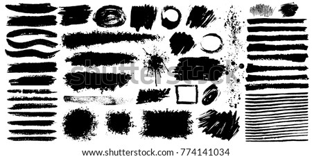 Set of black paint, grunge, ink, dirty brush strokes. Dirty artistic design elements. Vector illustration. Isolated on white background