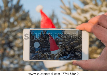Winter scene on screen of smart phone. red christmas hat on Beautiful winter tree in frozen winter day. male hand hold cell mobile phone