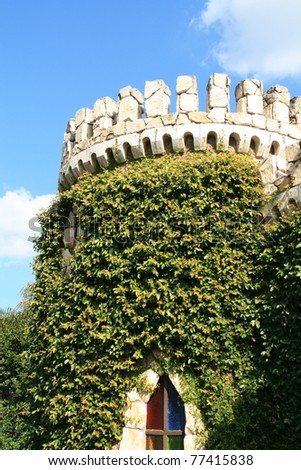 Castle Parapet with Stained Glass window and Ivy against blue sky