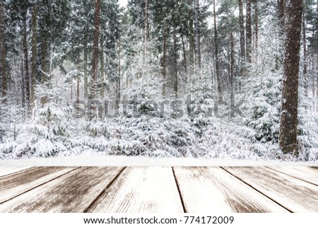 Winter landscape of trees covered with snow - Table full of snowflakes with space for your product advertisement.