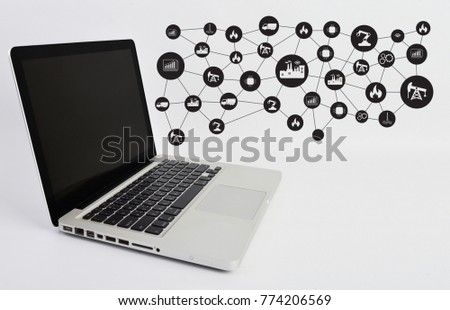 technology concept, Computer labtop with Industrial symbol connection background