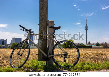 A hipster bike is standing against a pole in front of a beautiful skyline and farmland. The sky is blue and the are a few clouds in it.