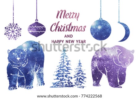 Abstract Christmas elements with galaxy watercolor background on white isolated background.