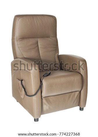 Photographed liver colored leather senior lift chair with remote control on white background. Royalty-Free Stock Photo #774227368