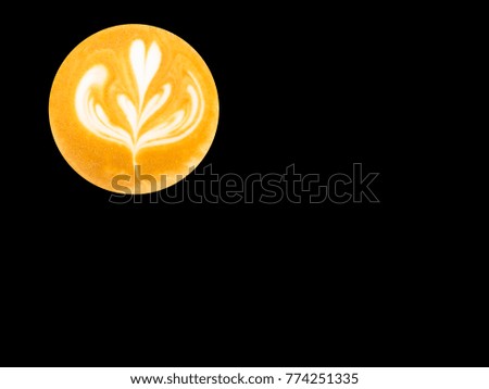 Cup of coffee black background isolated. Latte Art swan stock photo