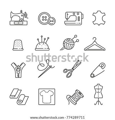 Sewing related icons: thin vector icon set, black and white kit