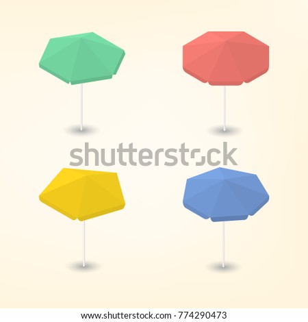 Set of colorful beach umbrellas of various shapes, isolated on a white background. Leisure icon. Flat 3d isometric style, illustration.