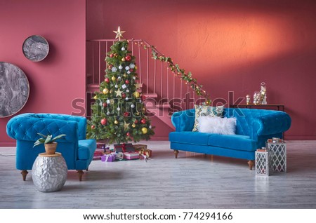 modern living room beautiful Christmas concept red wall and background style interior design with blue sofa