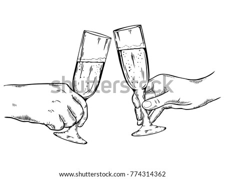 Clinking glasses with champagne engraving raster illustration. Scratch board style imitation. Hand drawn image.