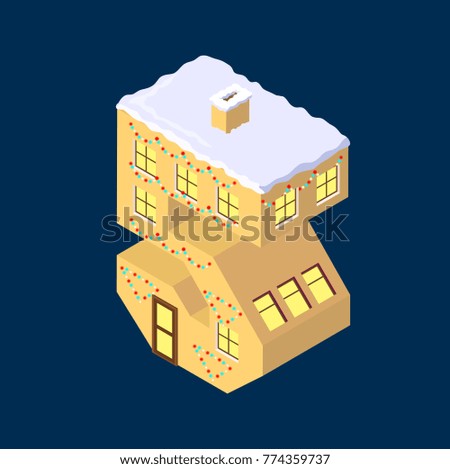 Isometric vector number five 5 yellow on blue winter chrismas house in shape of number five 5 house isometric lettering