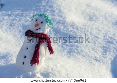 Little small Snowman in snow with copy space