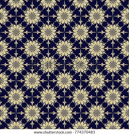 Seamless abstract floral pattern. Dark blue and gold vector background. Geometric leaf ornament. Graphic modern pattern.