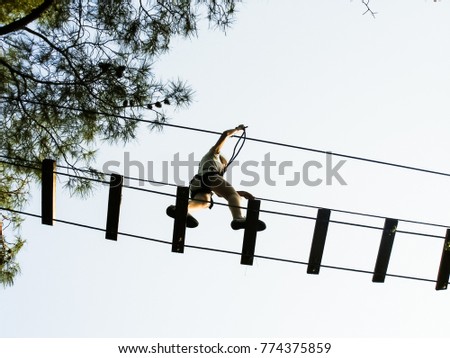Rope park girl on the suspension bridge. View from below Extreme sport Person Movement