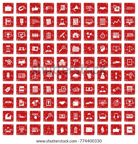 100 business training icons set in grunge style red color isolated on white background vector illustration