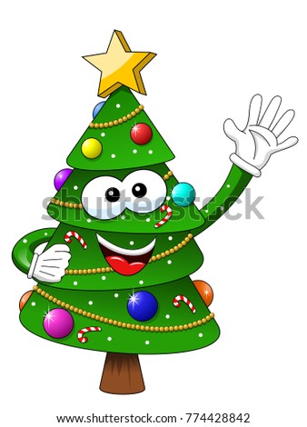 xmas or christmas tree mascot character waving isolated