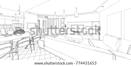 kitchen and living room interior, sketch, 3d illustration Royalty-Free Stock Photo #774431653