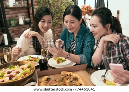 happy friends with smart phones taking food picture and shopping online at home