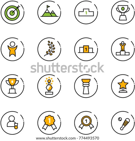 line vector icon set - target vector, attainment, pedestal, cup, success, golden branch, winner, win, award, gold medal, baseball bat