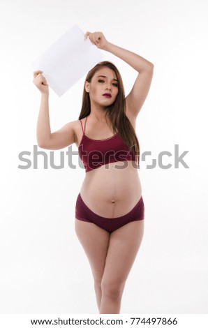 woman pregnant show blank paper for write data for other read data or word isolate white background