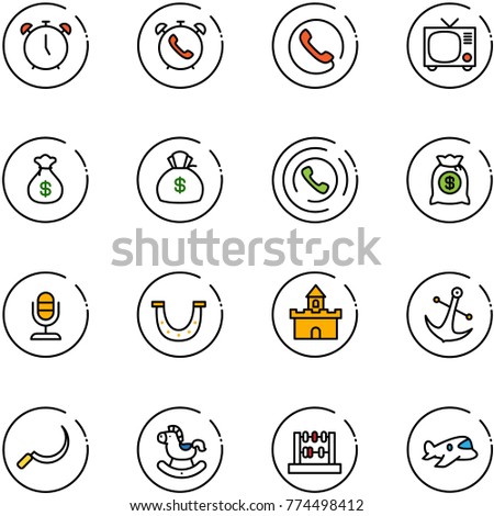 line vector icon set - alarm clock vector, phone, tv, money bag, horn, microphone, luck, sand fort, anchor, sickle, rocking horse, abacus, plane toy