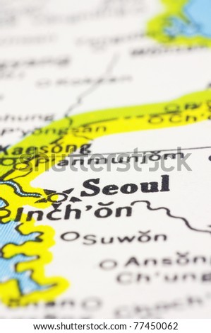 Close up of Seoul on map, capital city of South Korea.