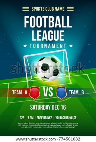 Football league tournament poster vector illustration, Ball with football pitch background.
